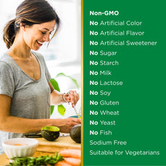 Product label highlighting non-GMO, gluten-free, sugar-free and no artificial colors