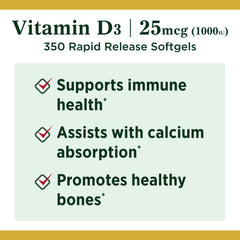 Side view of Nature's Bounty Vitamin D3 1000 IU Softgels bottle