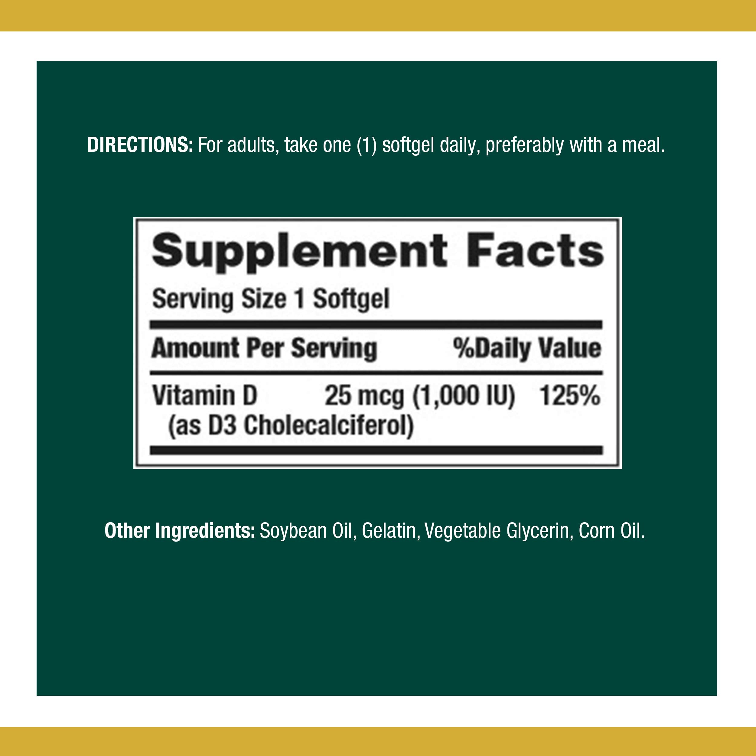 Close-up of Nature's Bounty Vitamin D3 1000 IU Softgels label