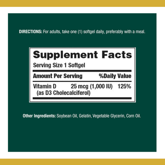 Close-up of Nature's Bounty Vitamin D3 1000 IU Softgels label