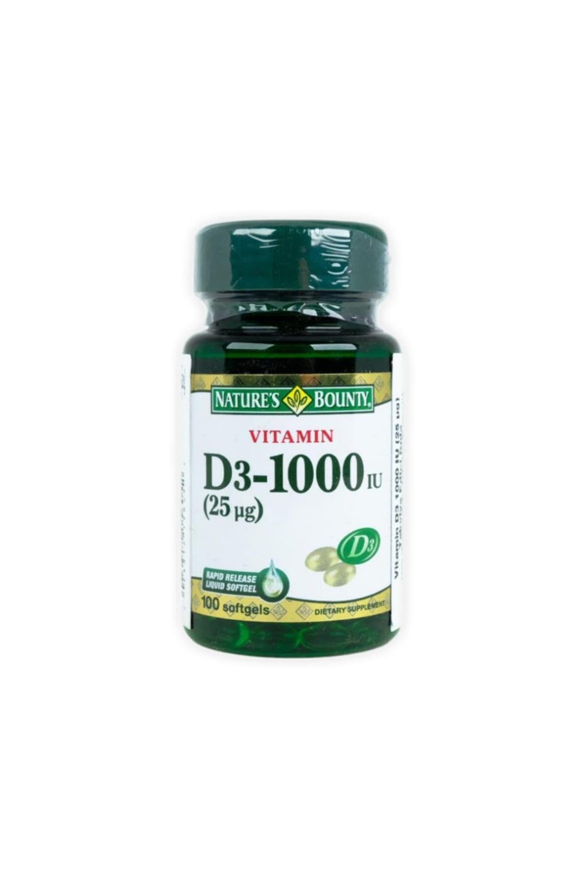 Close-up of Nature's Bounty Vitamin D3 1000 IU label
