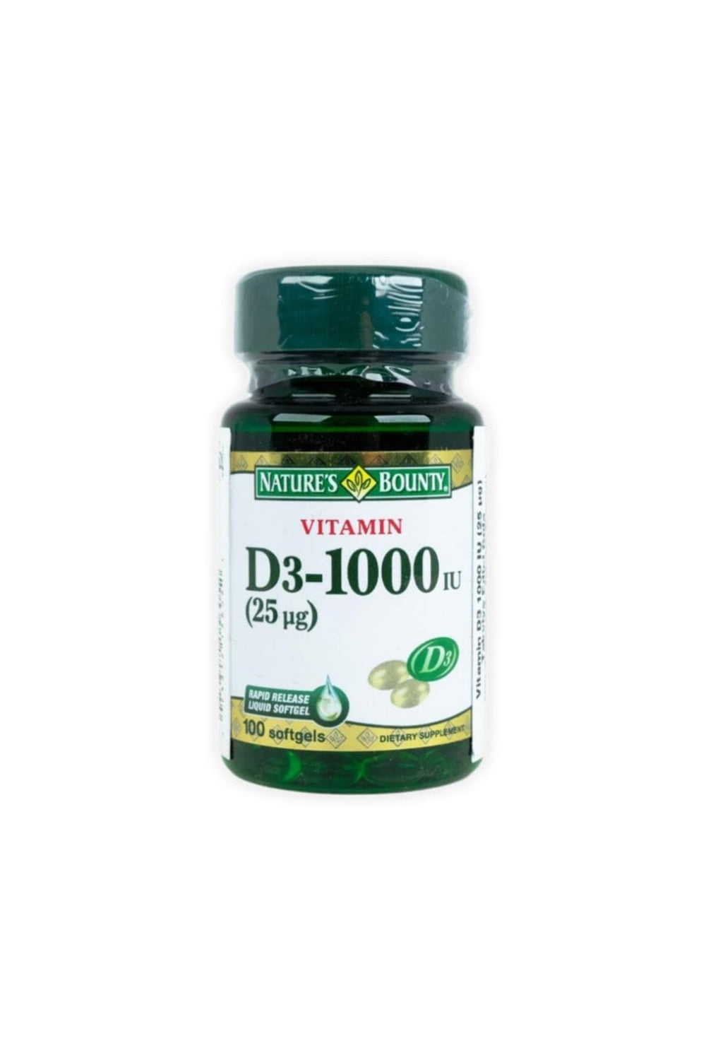 Close-up of Nature's Bounty Vitamin D3 1000 IU label