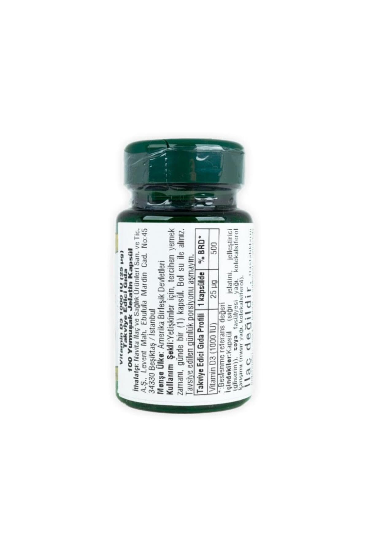 Nutrition information and Vitamin D3 1000 IU bottle side view