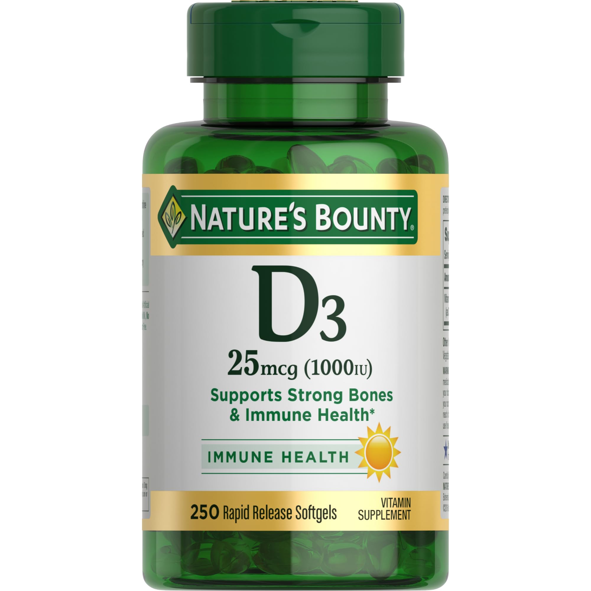 Nature's Bounty Vitamin D3 1000 IU bottle with 250 rapid-release softgels - front view