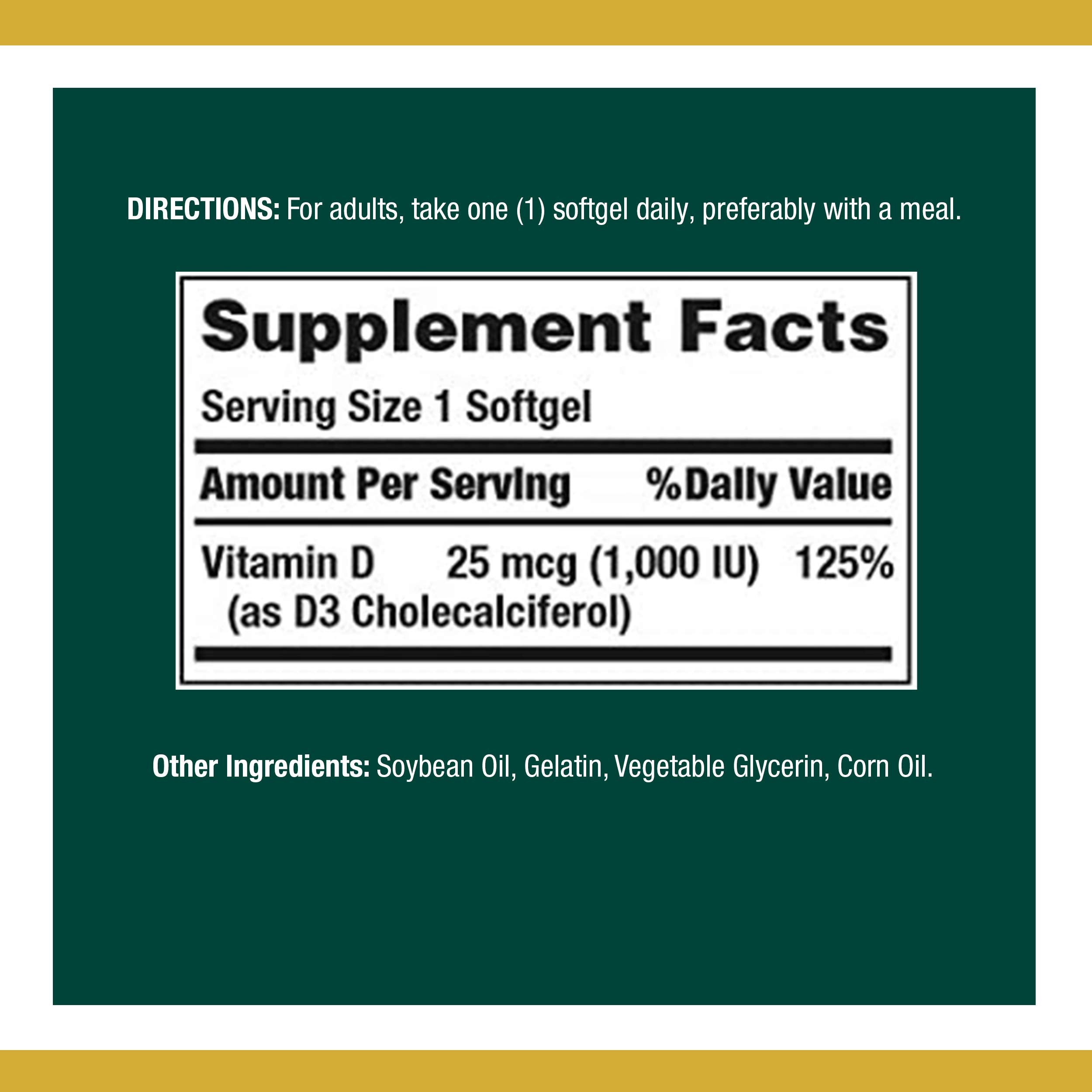 Bottle of Nature's Bounty Vitamin D3 Soft Gels with label