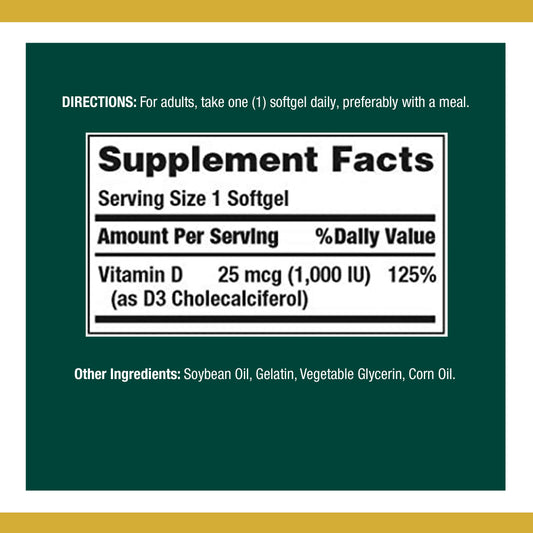 Bottle of Nature's Bounty Vitamin D3 Soft Gels with label