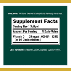 Bottle of Nature's Bounty Vitamin D3 Soft Gels with label