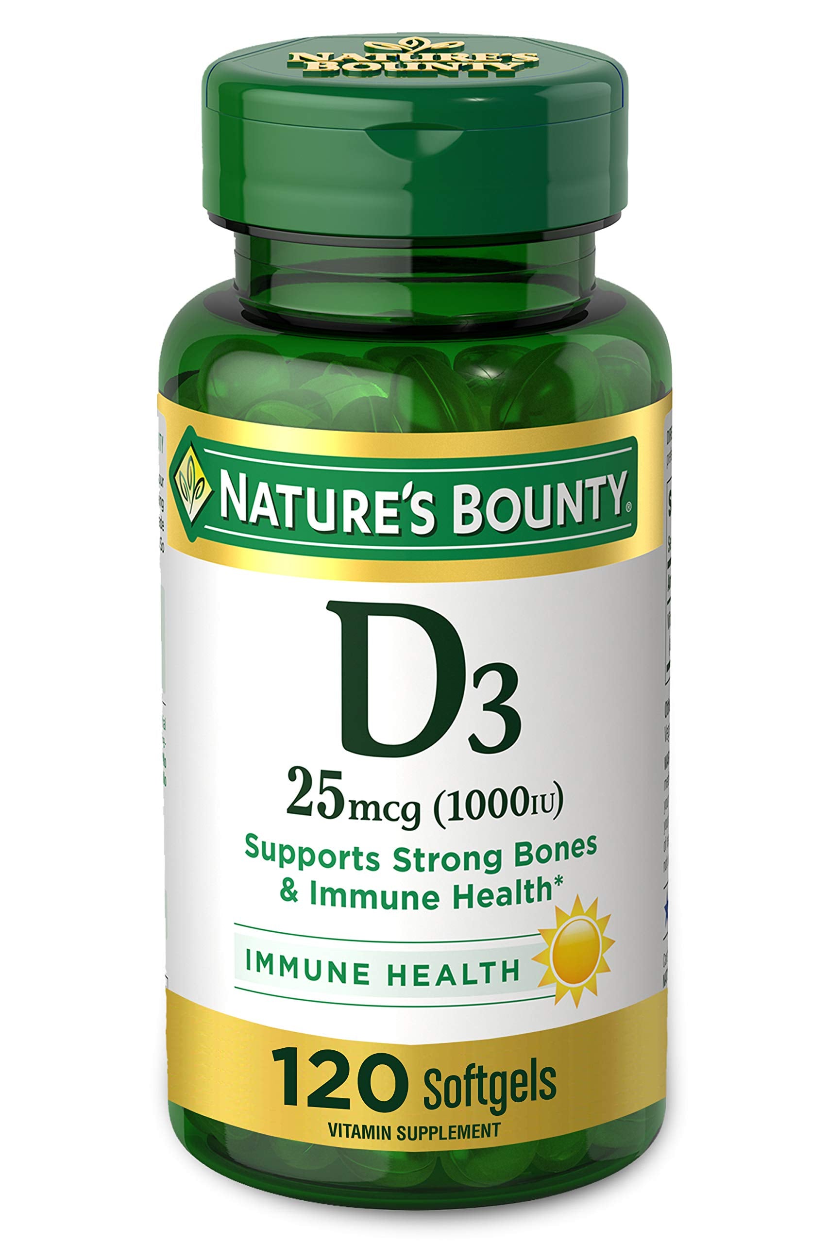 Front view of Nature's Bounty Vitamin D3 Soft Gels bottle, 120 count