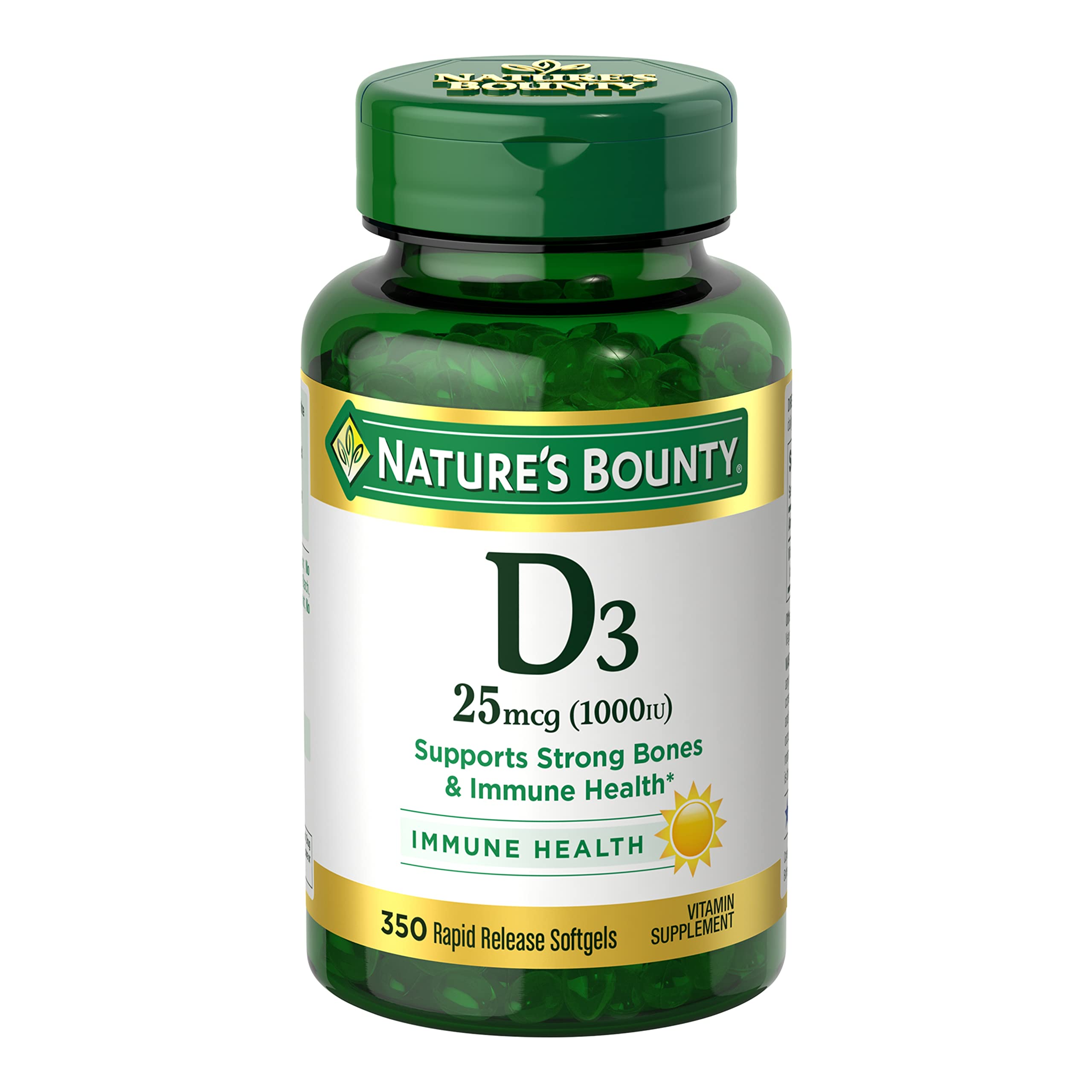 Front view of Nature's Bounty Vitamin D3 1000 IU softgels bottle on white background