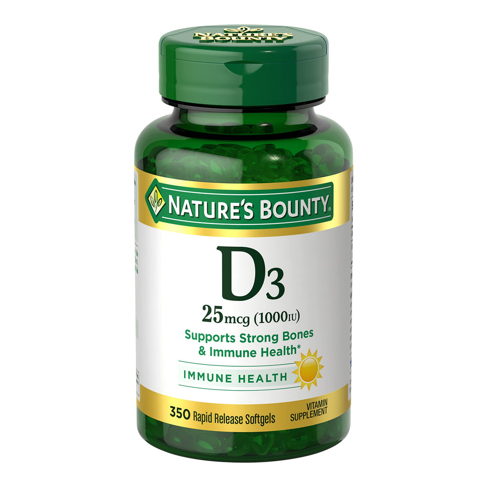 Front view of Nature's Bounty Vitamin D3 1000 IU softgels bottle on white background