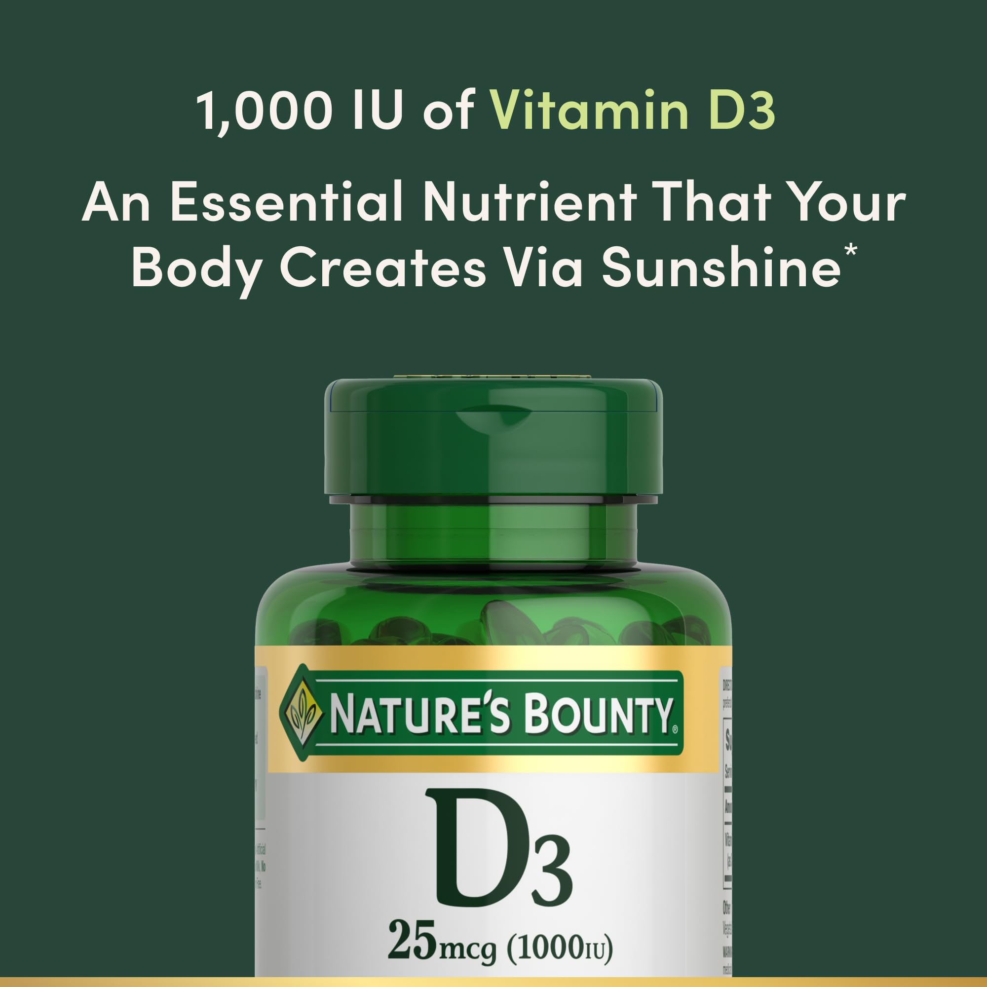 Packaging for Nature's Bounty Vitamin D3 1000 IU softgels 250-count