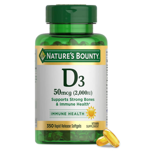 Bottle of Nature's Bounty Vitamin D3 2000 IU with 350 softgels