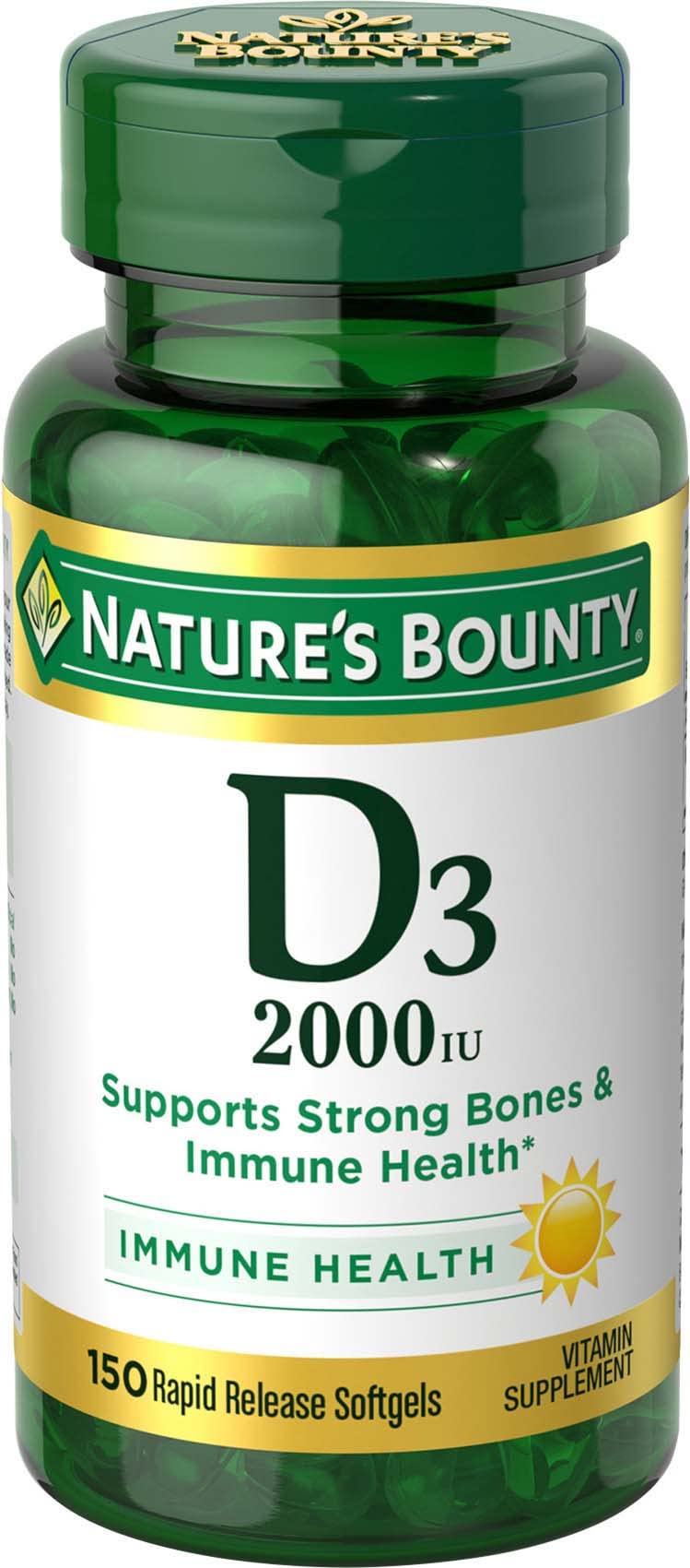 Front view of Nature's Bounty Vitamin D3 2000 IU softgels bottle, 150 count