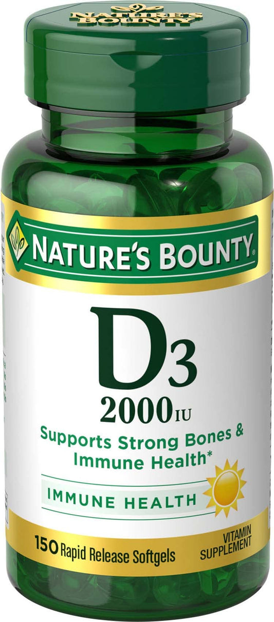 Front view of Nature's Bounty Vitamin D3 2000 IU softgels bottle, 150 count
