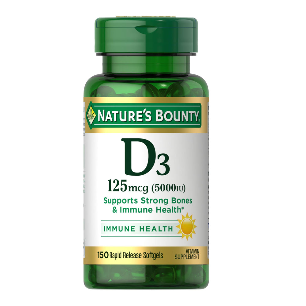Bottle of Nature's Bounty Vitamin D3 5000 IU rapid-release softgels