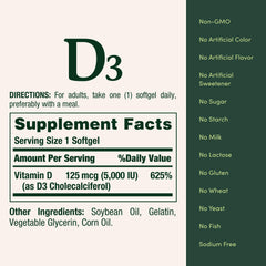Decorative image of Nature's Bounty Vitamin D3 5000 IU bottle with softgels