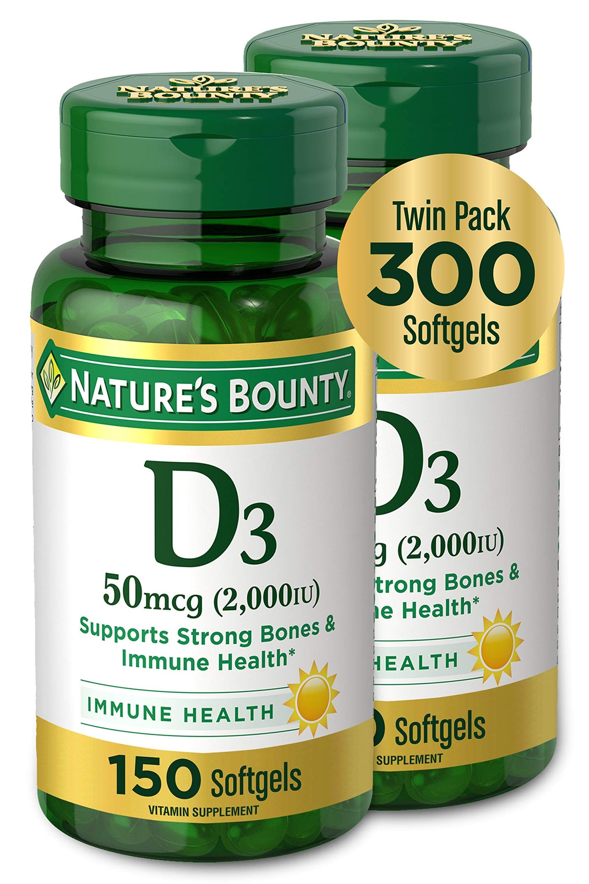 Front view of Nature's Bounty Vitamin D3 50 mcg softgels twin pack (2 bottles, 150 softgels each)