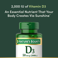 Nutrition facts panel for Nature's Bounty Vitamin D3 50 mcg softgels