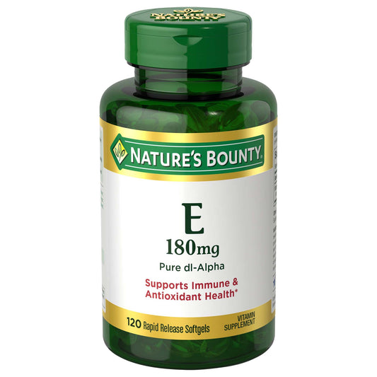 Front view of Nature's Bounty Vitamin E Softgels bottle with 400 IU label