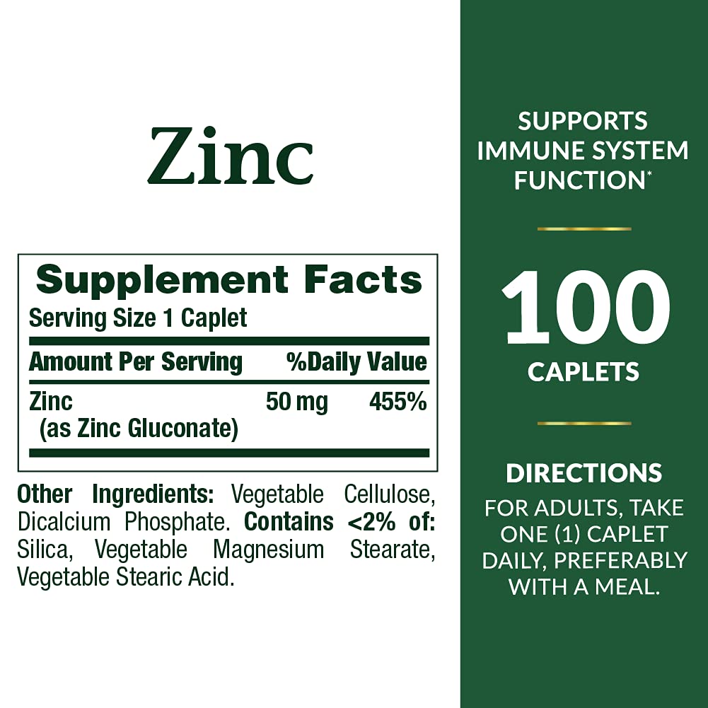 Close-up of Nature's Bounty Zinc 50 mg Caplets packaging