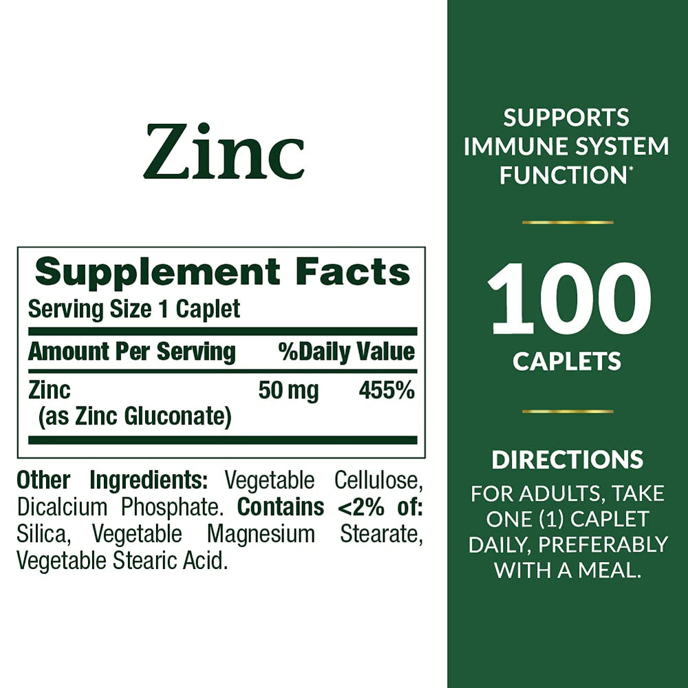 Close-up of Nature's Bounty Zinc 50 mg Caplets packaging