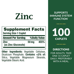 Close-up of Nature's Bounty Zinc 50 mg Caplets packaging