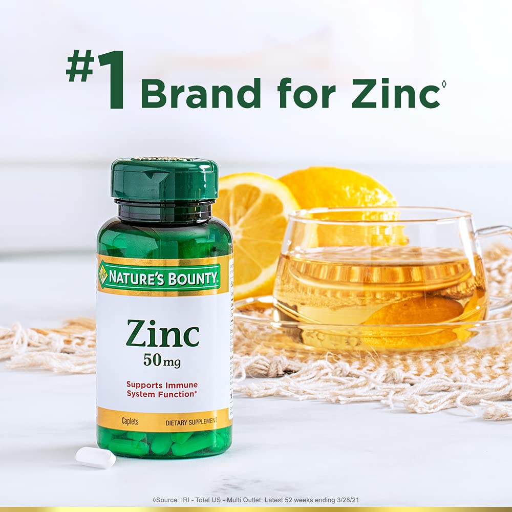 Back label with supplement facts for Nature's Bounty Zinc 50 mg Caplets