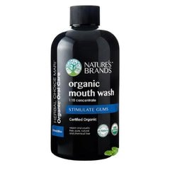 Peppermint-flavored organic mouth wash in a BPA-free 8 oz bottle.