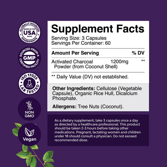 Coconut-derived activated charcoal capsules for detox