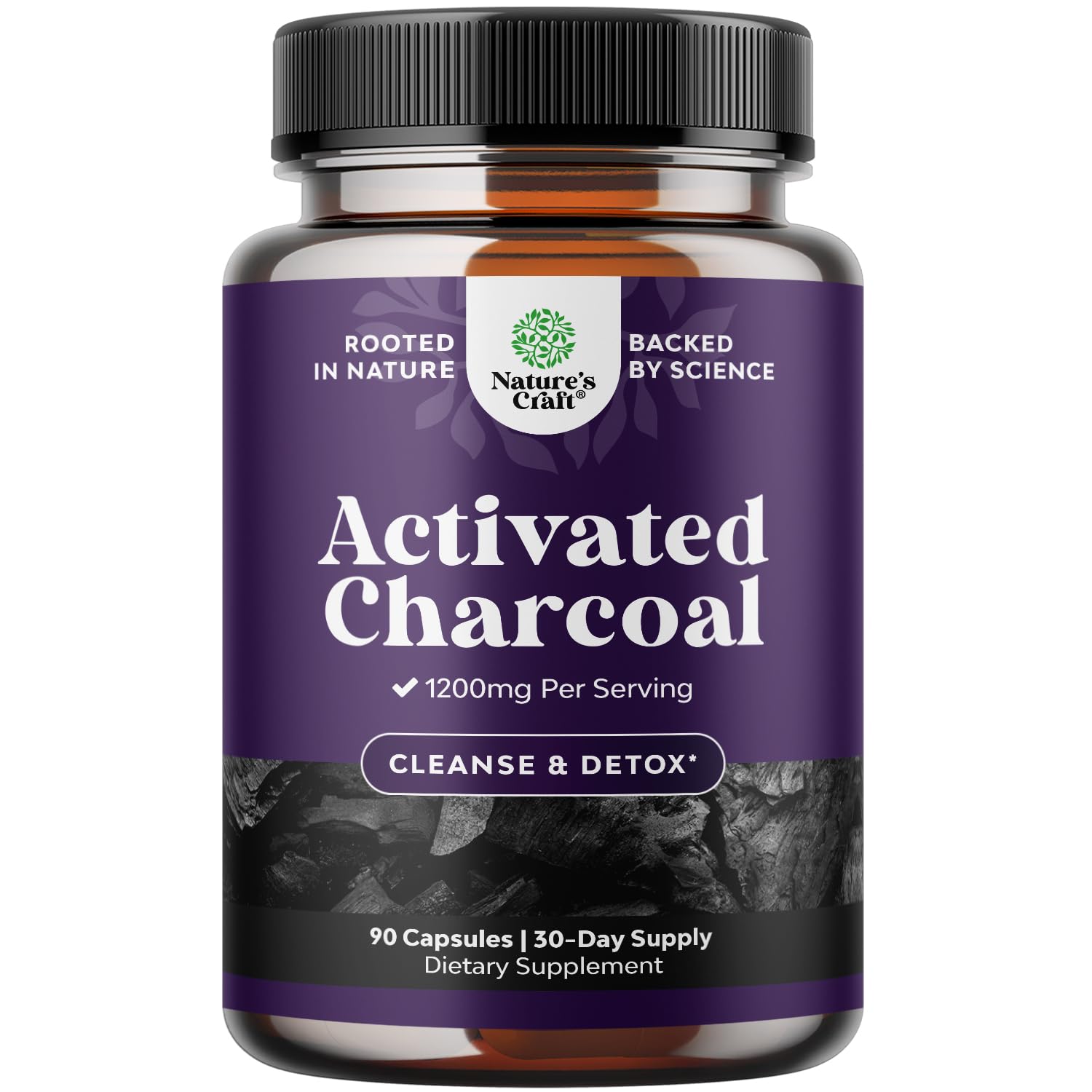 Bottle of Natures Craft Activated Charcoal Pills with 1200mg per serving