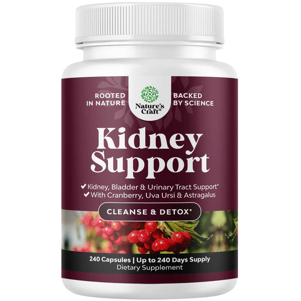 Nature's Craft Advanced Kidney Cleanse bottle highlights herbal urinary support formula.