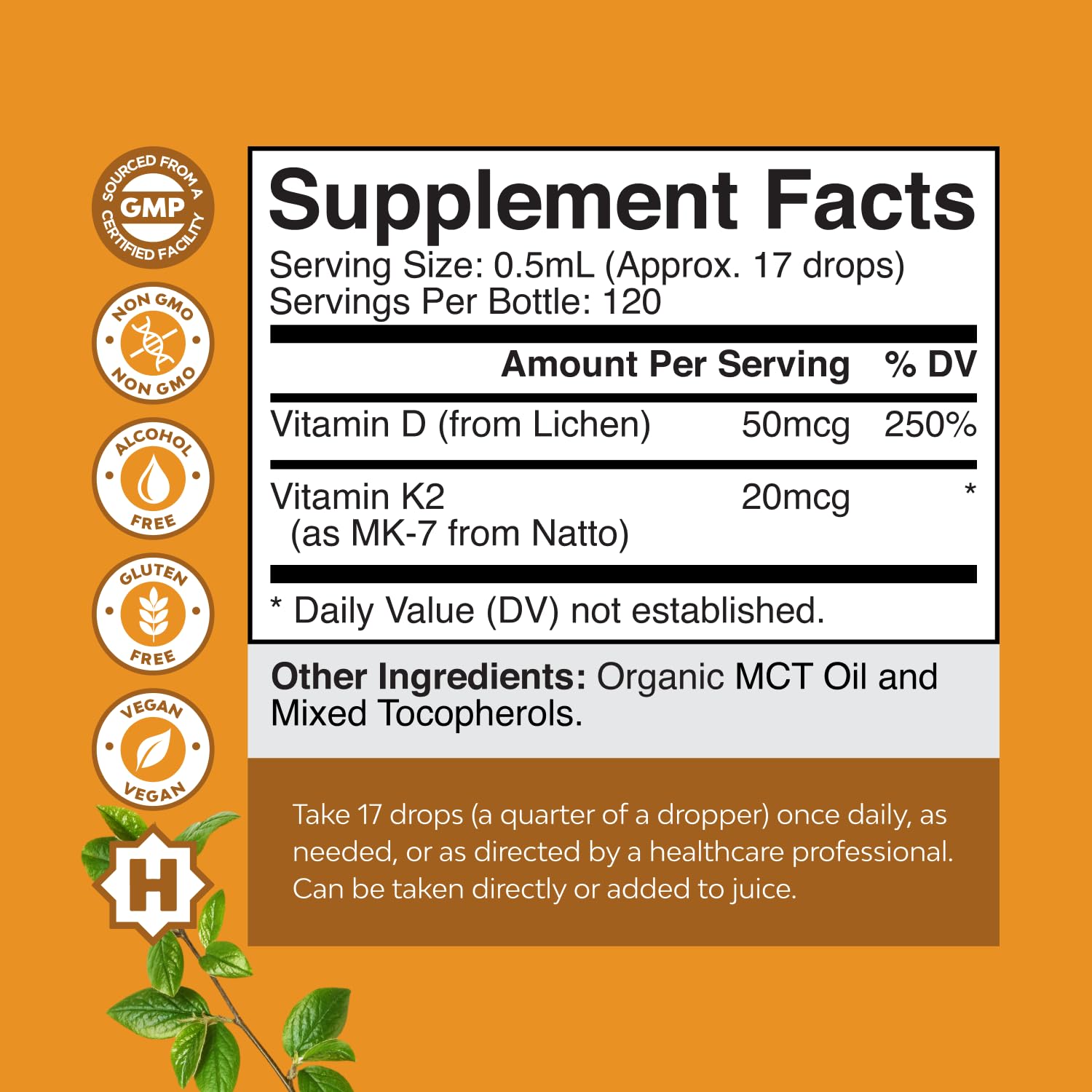 Dropper dispensing vitamin D3 and K2 liquid drops