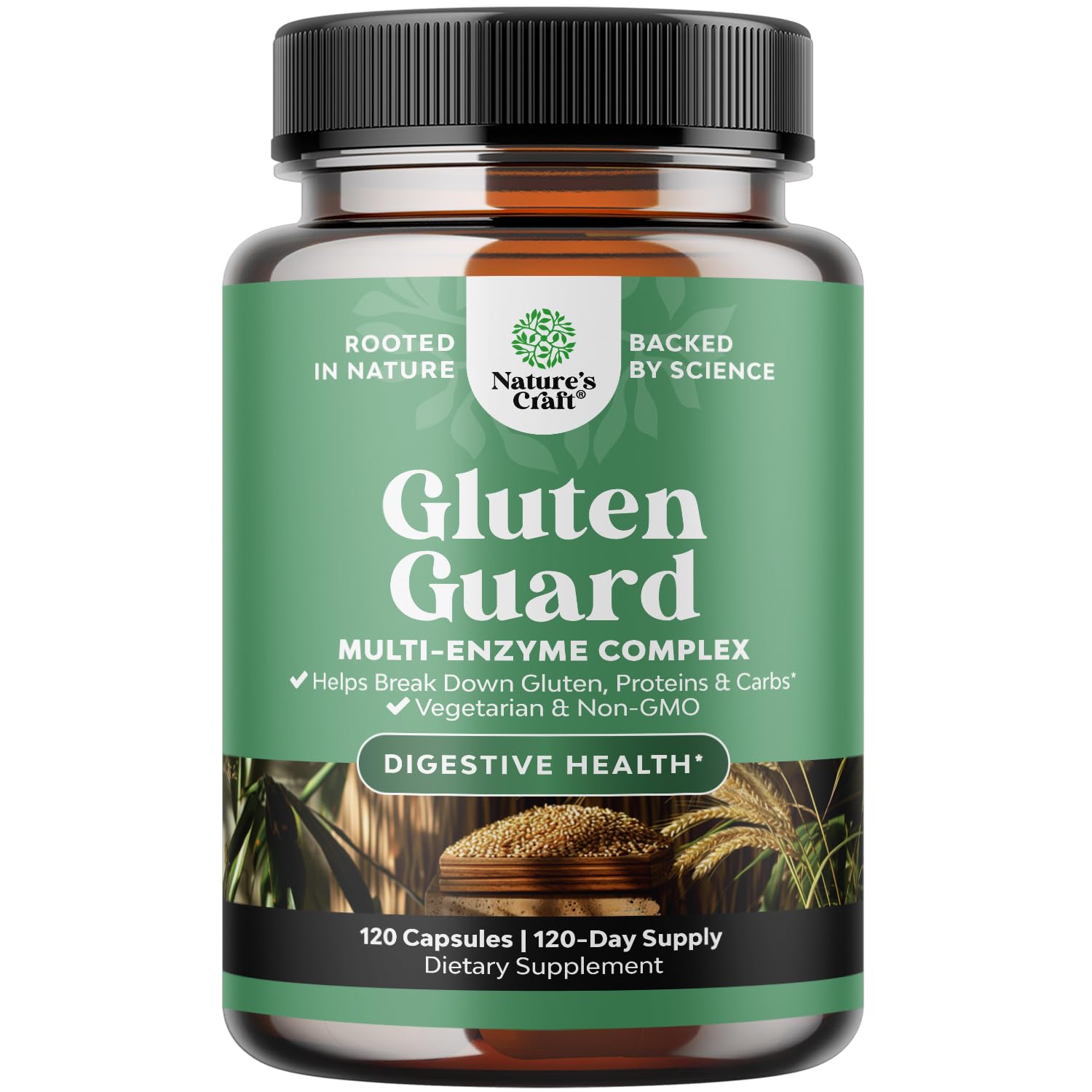 Natures Craft gluten digestive enzymes bottle cap close-up for post-meal comfort.