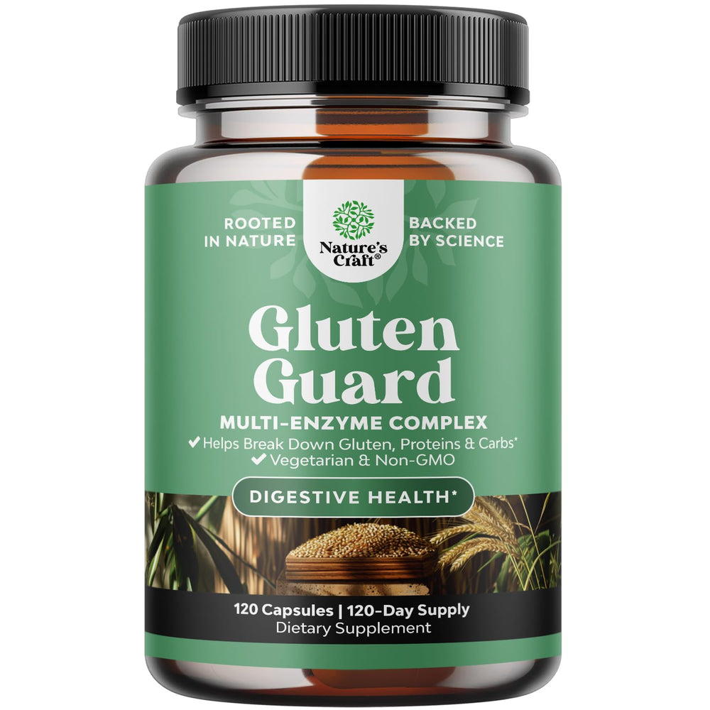 Natures Craft gluten digestive enzymes bottle cap close-up for post-meal comfort.