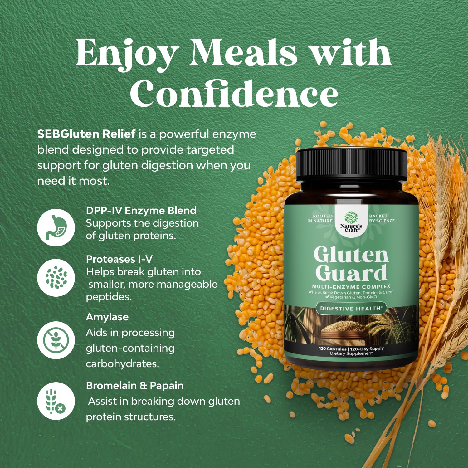 Natures Craft gluten digestive enzymes box front highlighting quality and packaging.