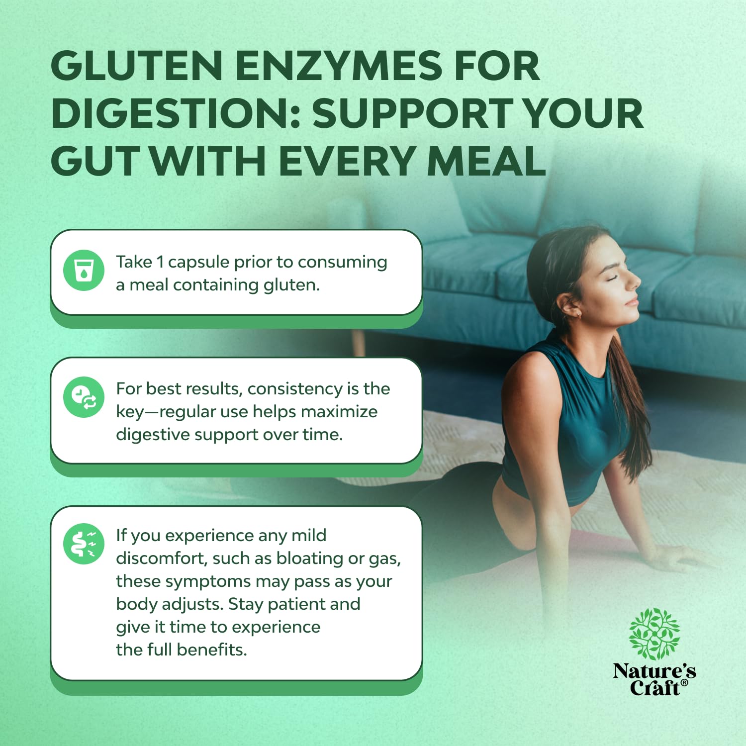 Natures Craft gluten digestive enzymes capsules ready to take before meals.