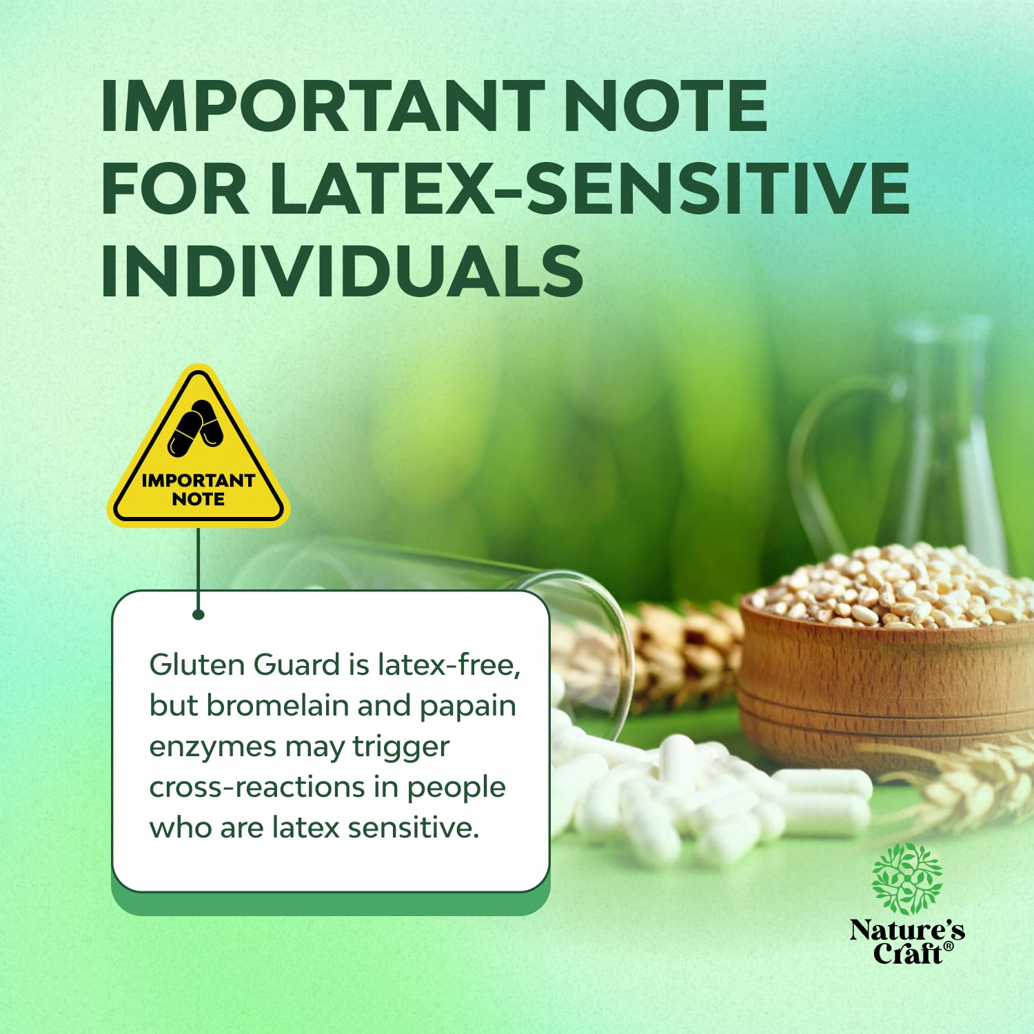 Natures Craft gluten digestive enzymes label close-up showing ingredients and claims.