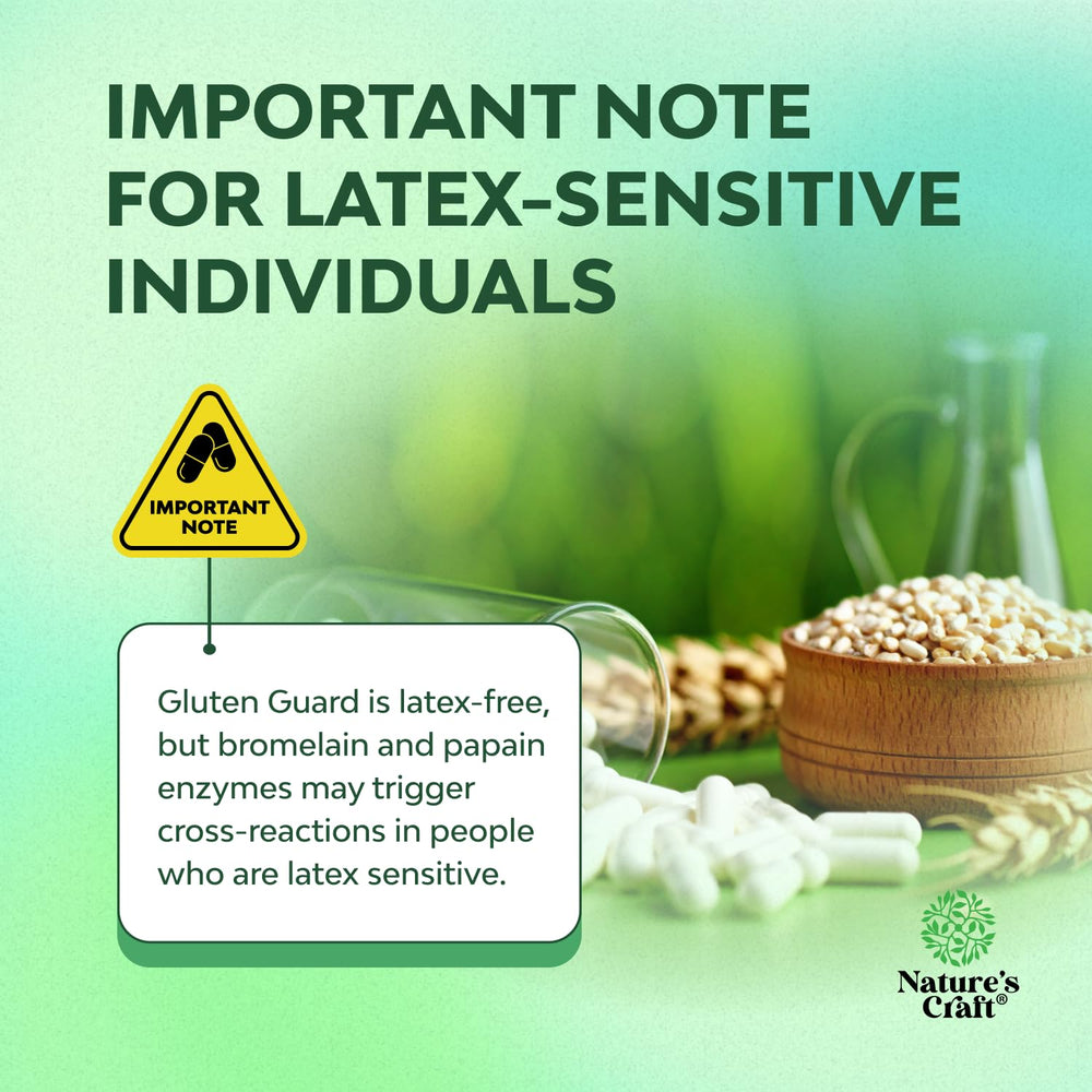 Natures Craft gluten digestive enzymes label close-up showing ingredients and claims.