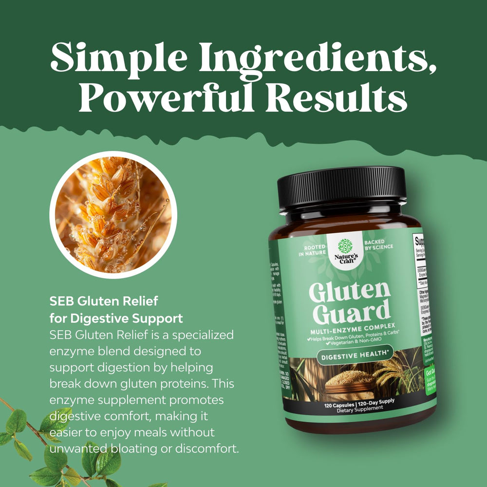 Natures Craft gluten digestive enzymes capsules on white background for daily use.