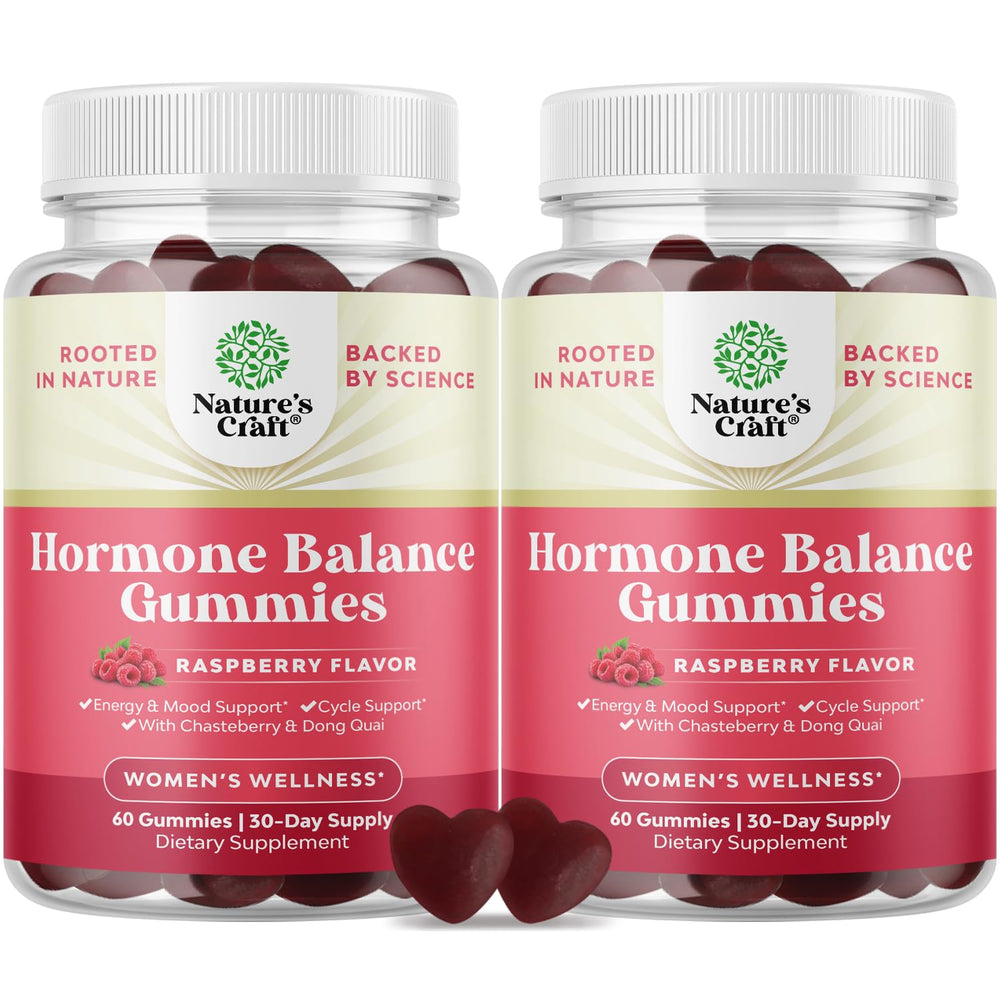 Natures Craft Hormone Balance Gummies bottle on countertop suggests overall cycle support.