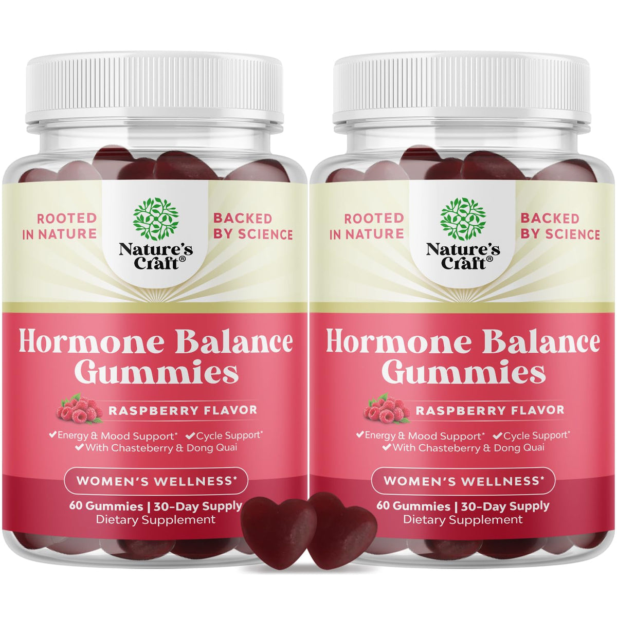 Natures Craft Hormone Balance Gummies bottle on countertop suggests overall cycle support.