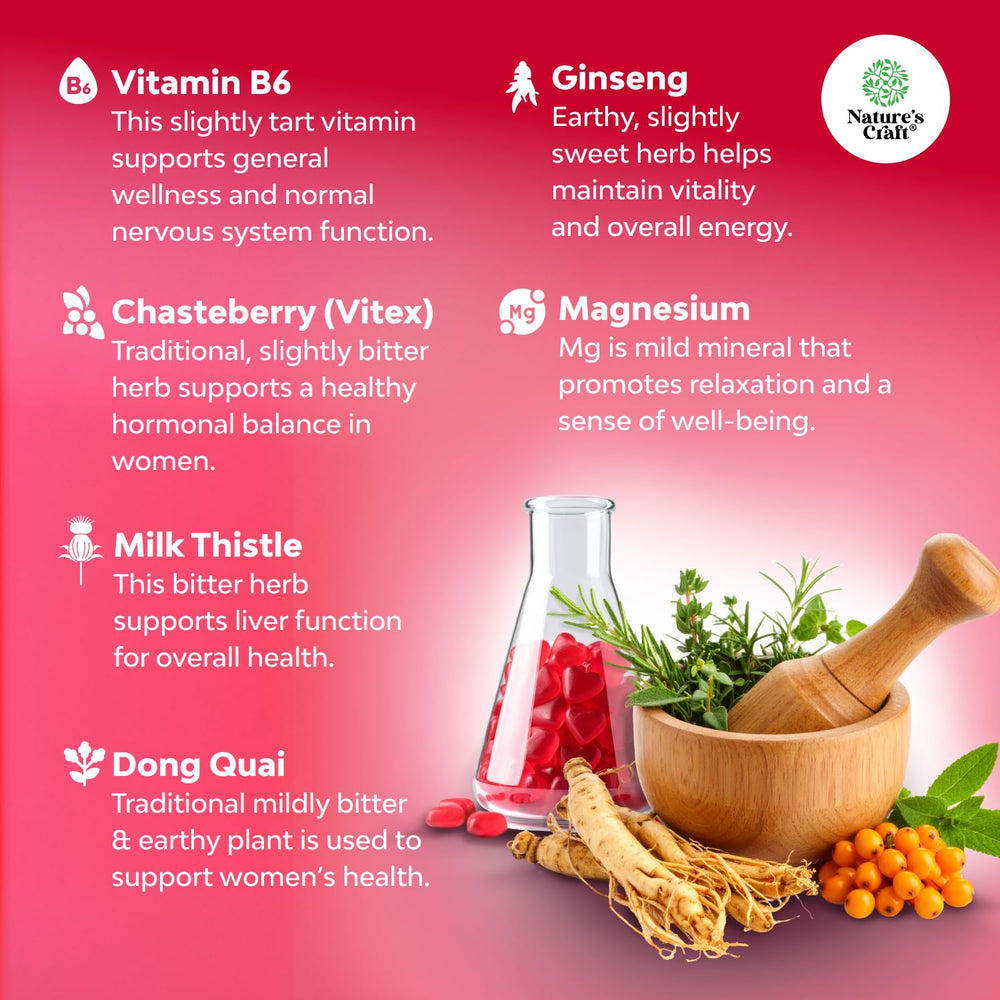 Natures Craft label details vitamin B6 and dong quai ingredients.