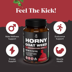 Product label showing ingredients including Horny Goat Weed, Tongkat Ali, Panax Ginseng