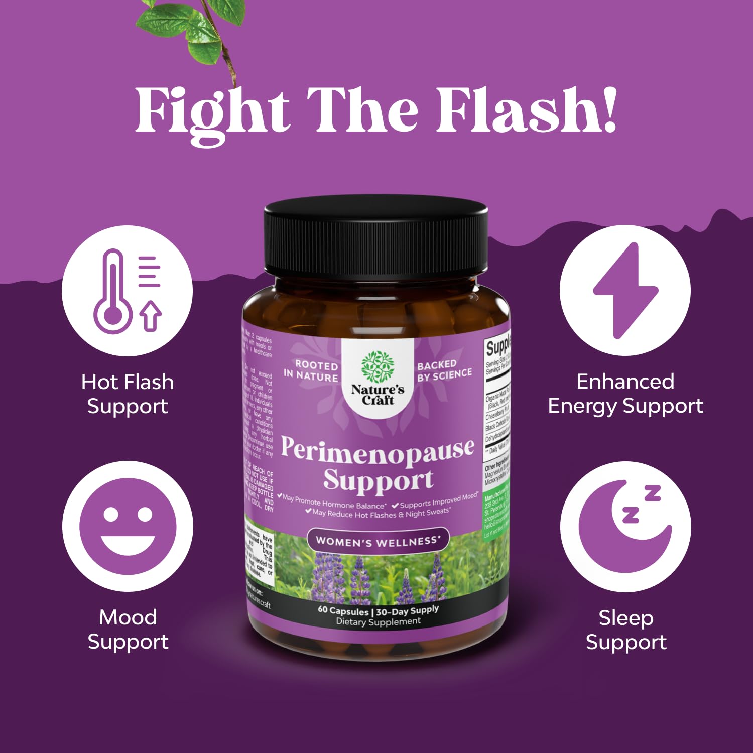 Nature's Craft perimenopause black cohosh scene signals night sweats relief.