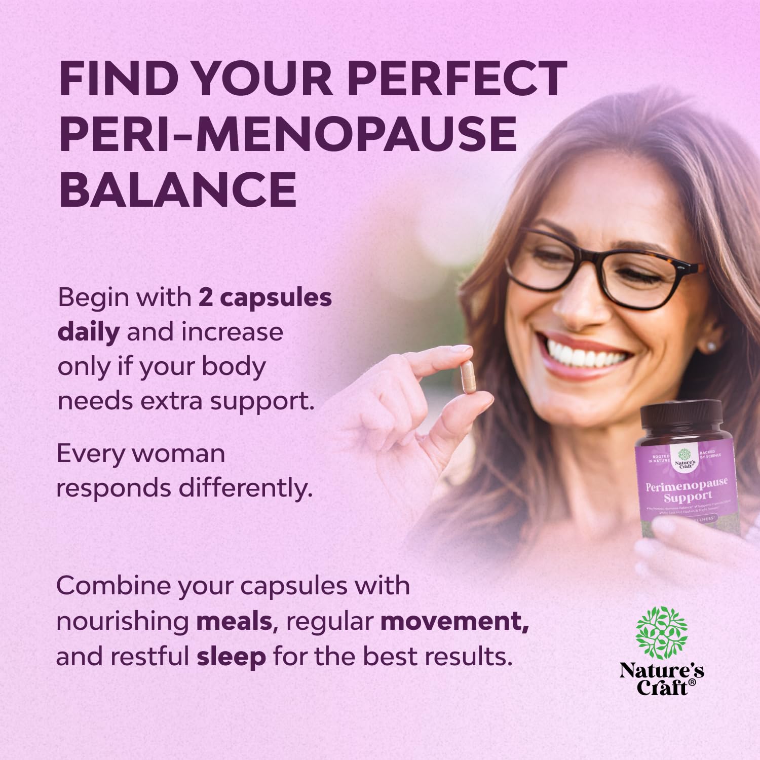 Nature's Craft perimenopause maca root capsules highlight energy support.