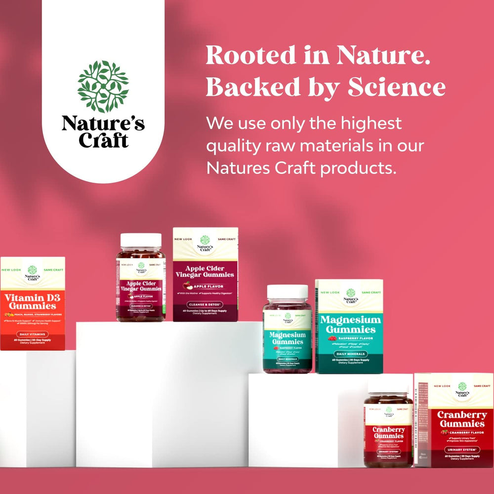 Natures Craft Vegan Non-GMO Gummies label on bottle emphasizes clean ingredients.