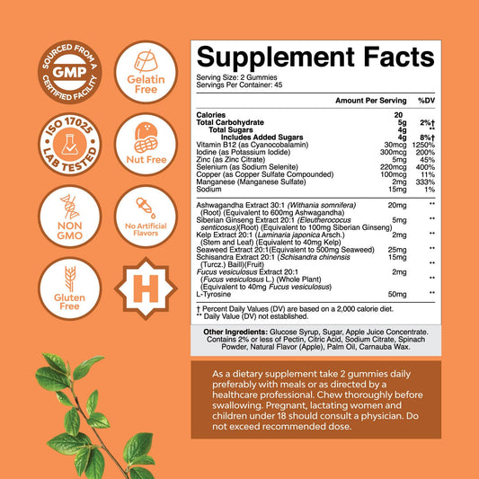 Bottle label showing vegan, gelatin-free, non-GMO gummies