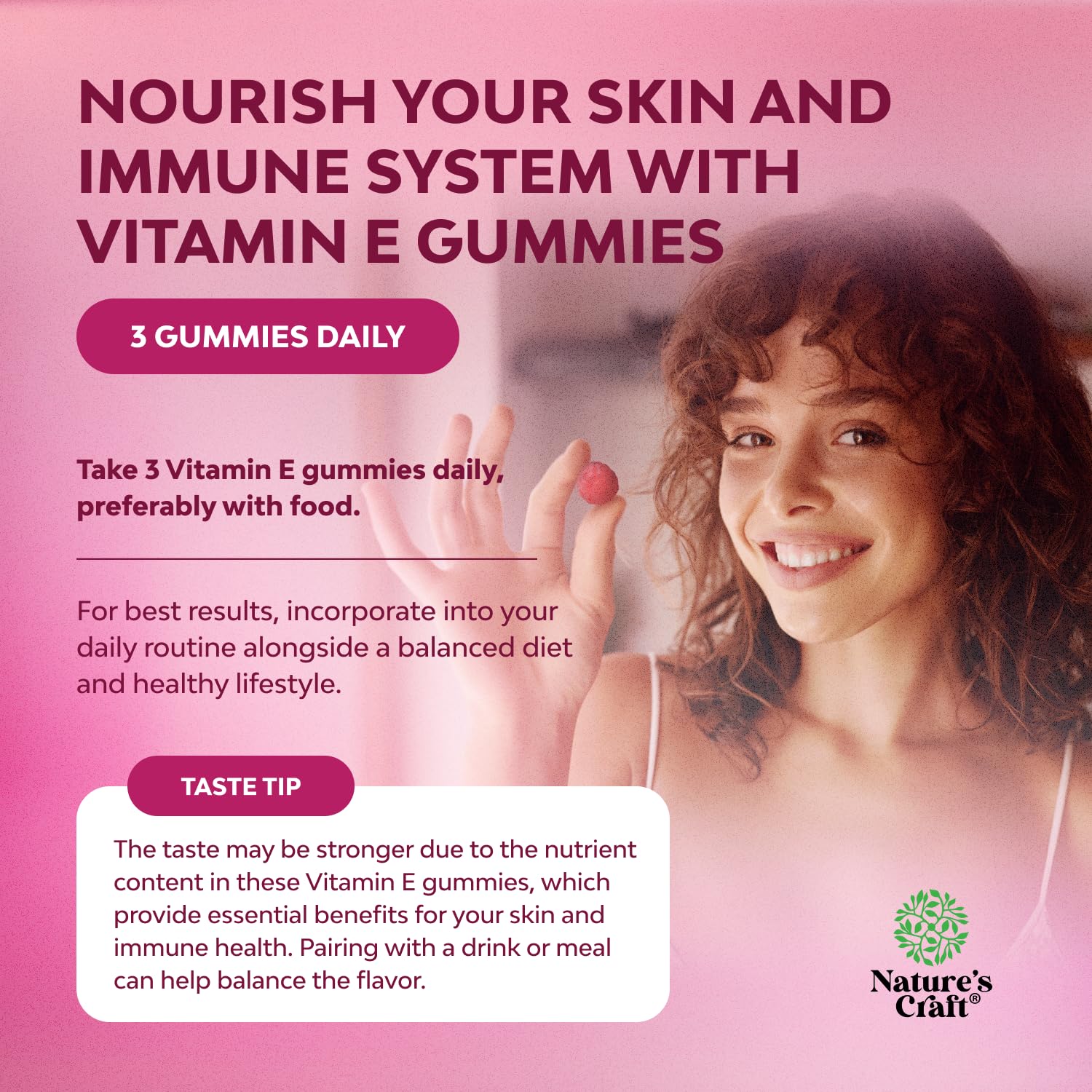 Natures Craft Vitamin E Gummies serving on hand demonstrates easy daily intake
