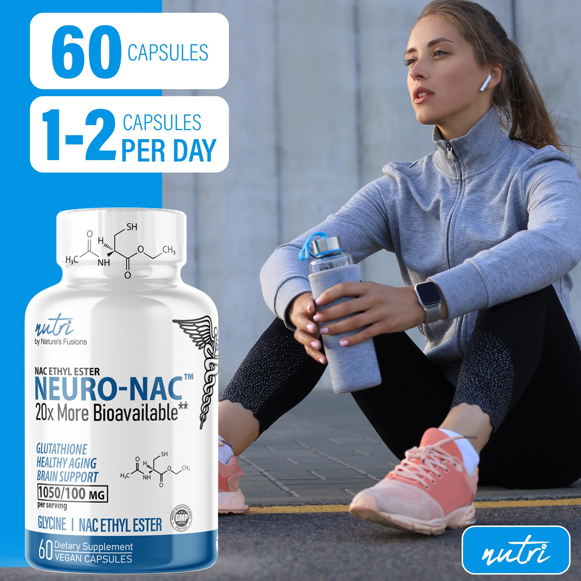 Nature's Fusions Neuro NAC box and bottle on a clean counter.