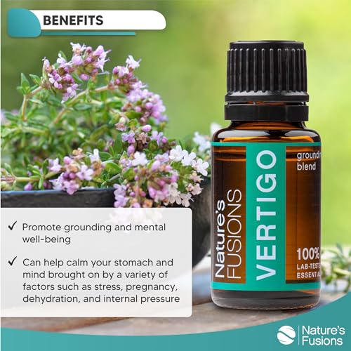 Close-up of Vertigo Relief drops showing peppermint and ginger blend.